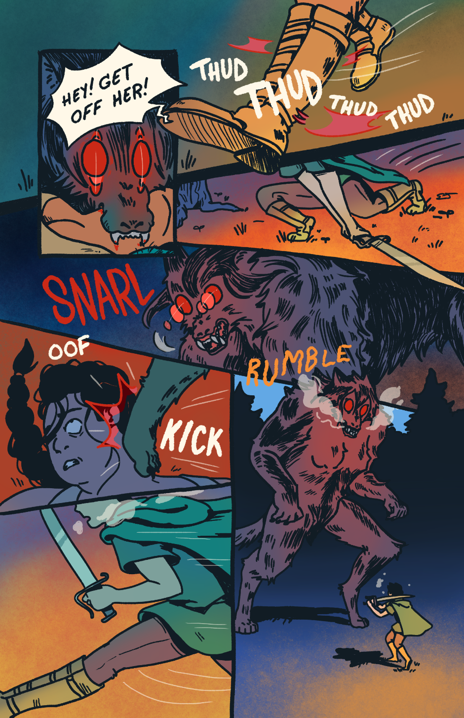 Wayne is stopped from biting Shep's throat by a shout. Jo grabs Wayne's sword and stands off against the giant monster.