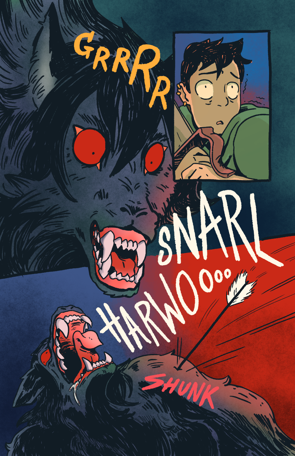 Wayne turns on Jo, growling and snarling. Jo quivers in fear. Wayne howls in pain as an arrow burrows into her shoulder.