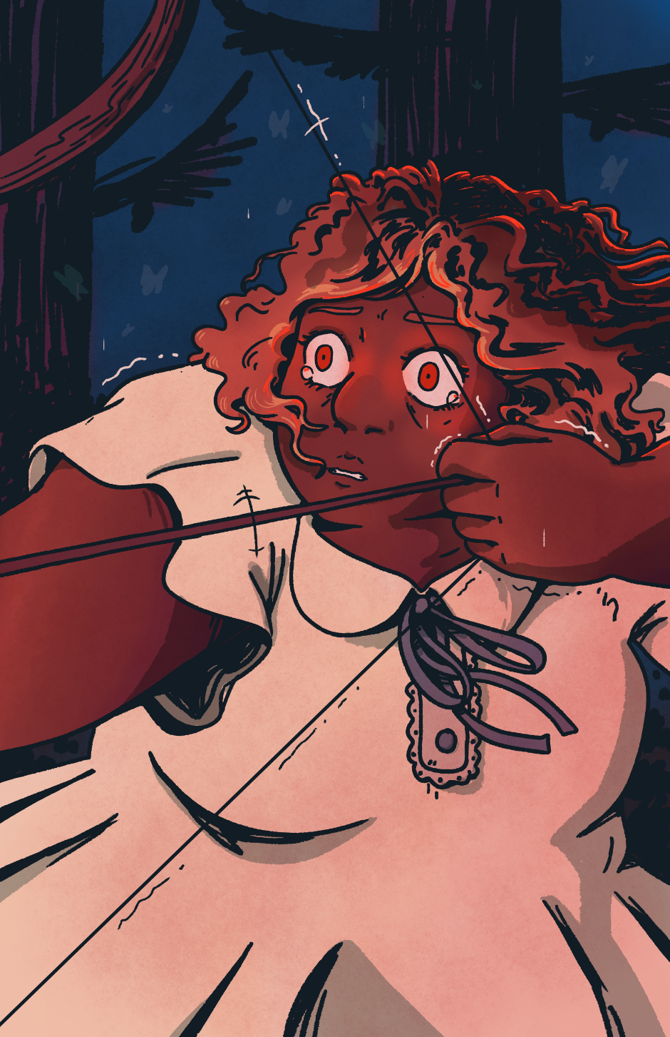 Robin draws an arrow in Jo's bow, crying and trembling, eyes glowing red.