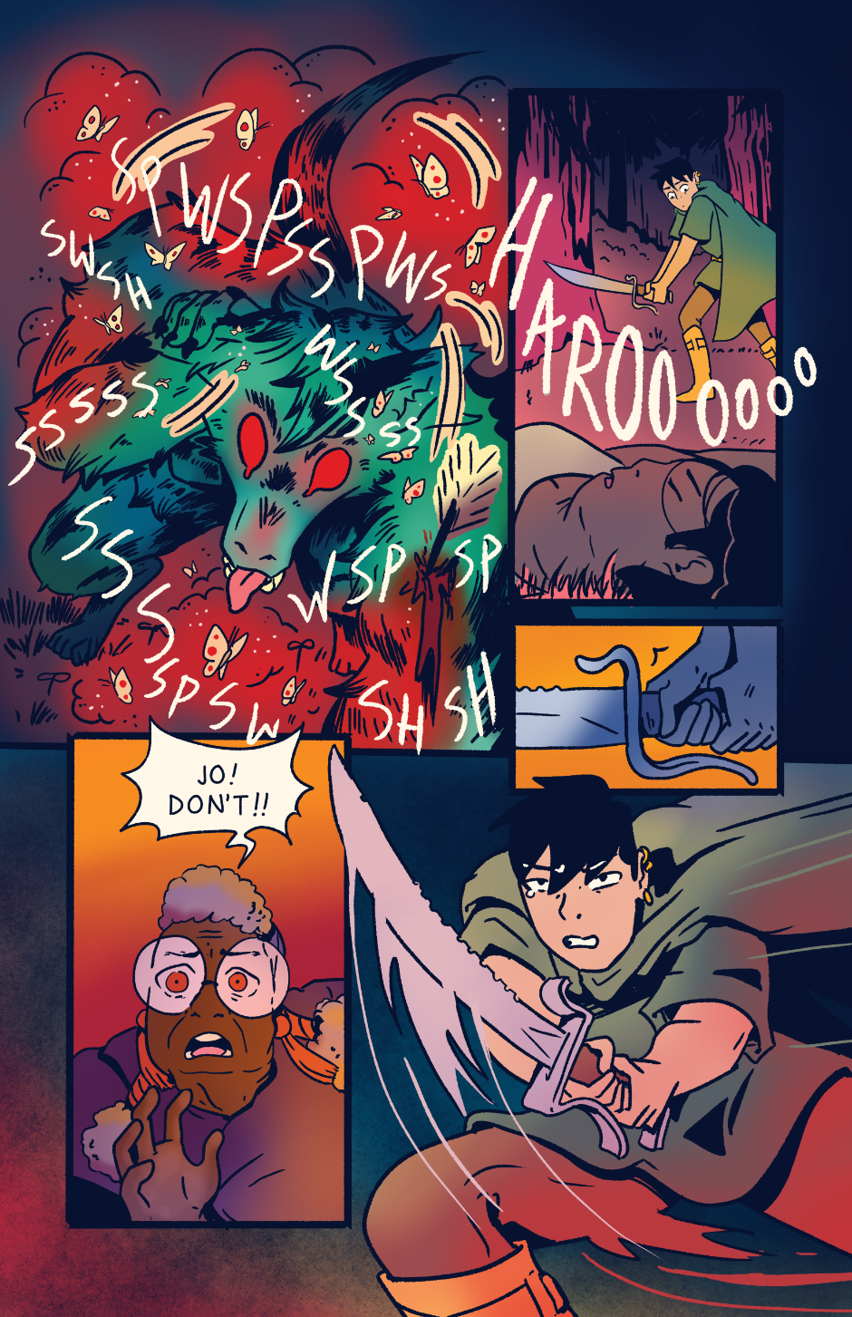 Wayne howls in distress as moths whisper in her ears. Jo sees Shep passed out on the ground and charges with Wayne's sword. Granny yells, "Jo! Don't!"