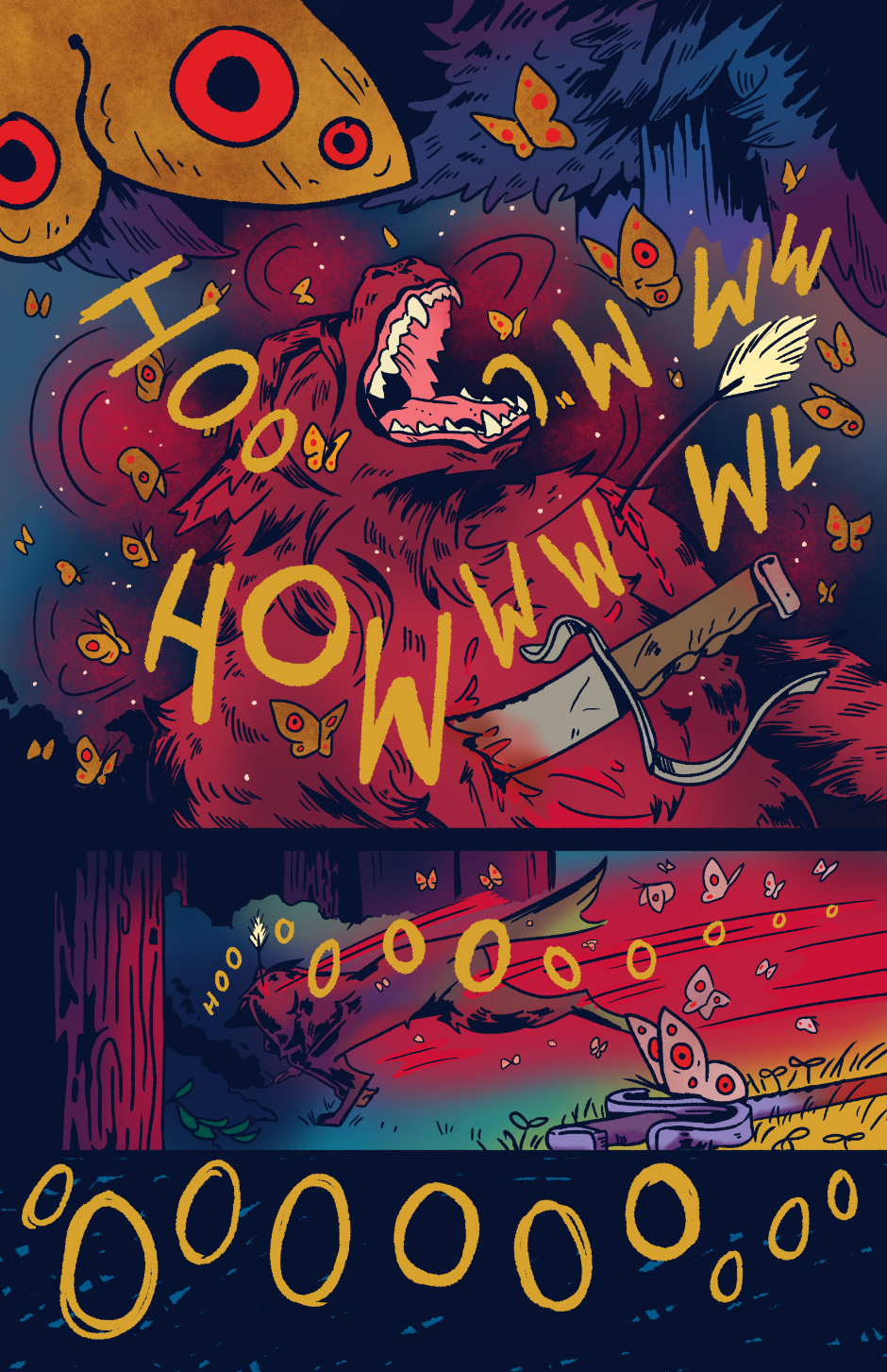 Wayne recoils in pain. The sword falls out of her chest and she runs into the forest.