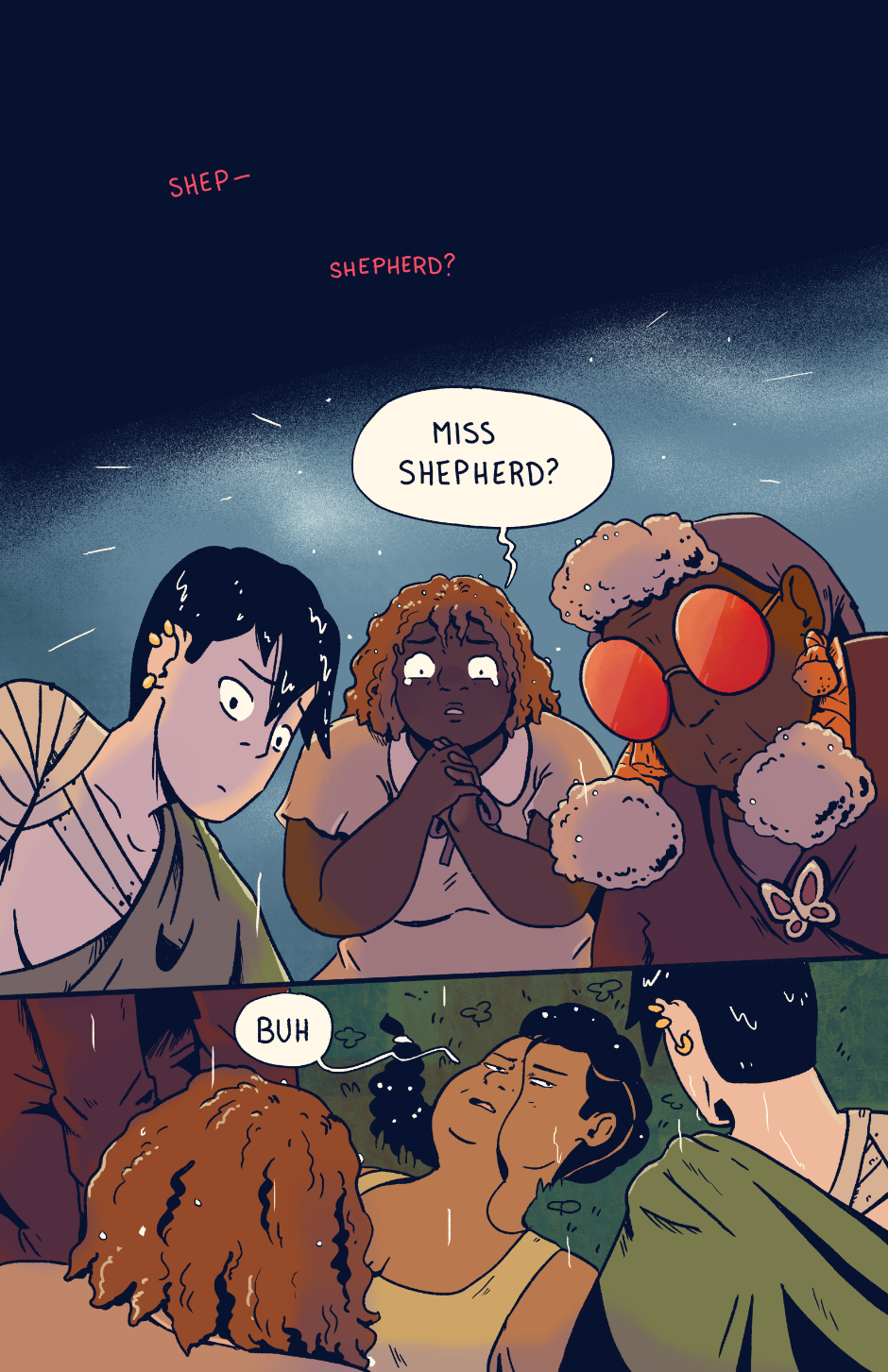 Shep wakes up in the wet grass surrounded by Jo, Robin, and Granny.