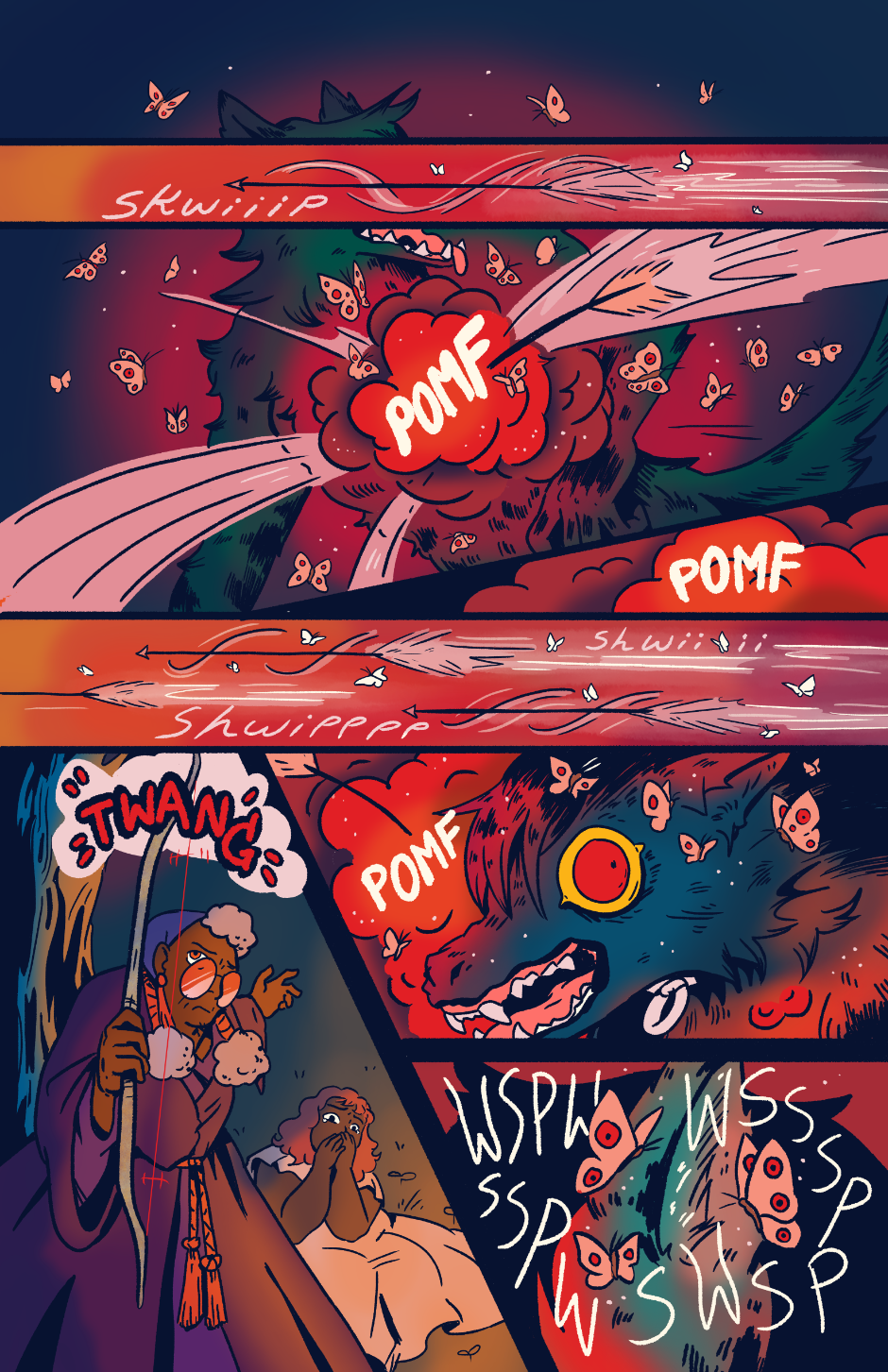 Arrows fly at Wayne, exploding in red clouds of moths upon impact. The moths, sent by Granny, whisper in Wayne's ears.