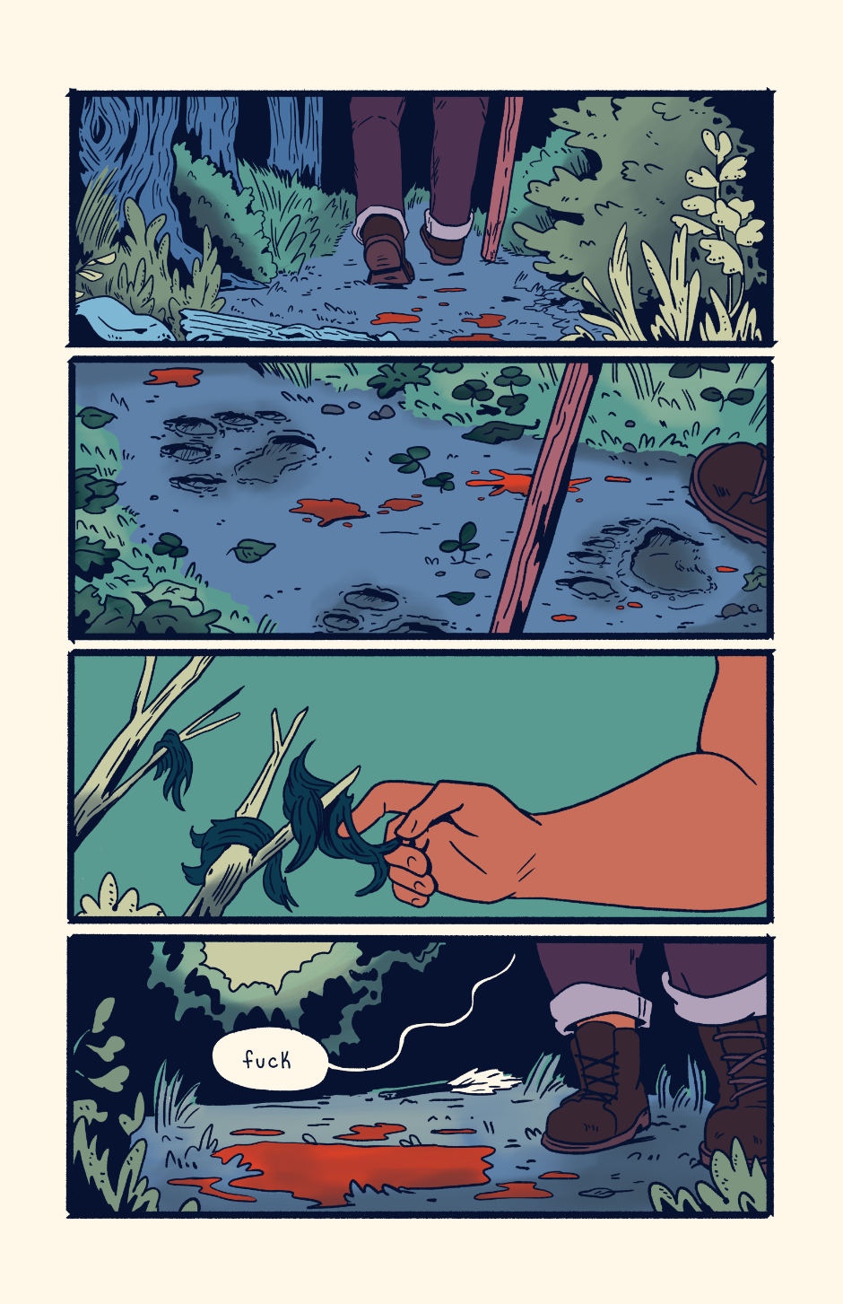 Shep begins tracking Wayne through the forest via drops of blood, paw prints, clumps of fur. She finds a big puddle of blood and a broken arrow.