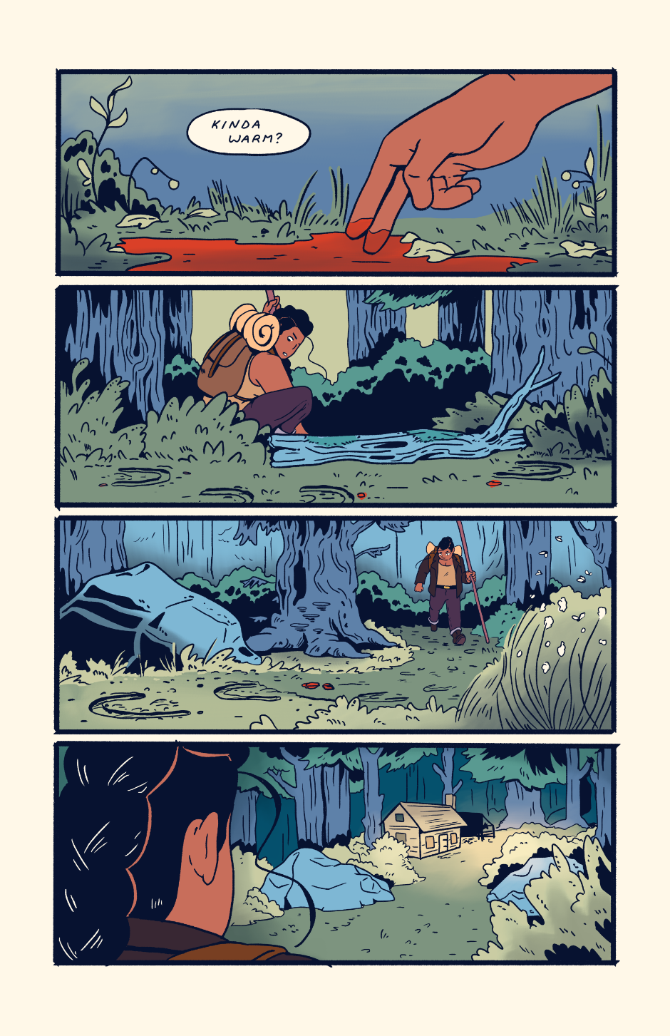 Shep identifies the pool of blood as being fairly warm. She follows horse hoof prints to a cabin in the forest.