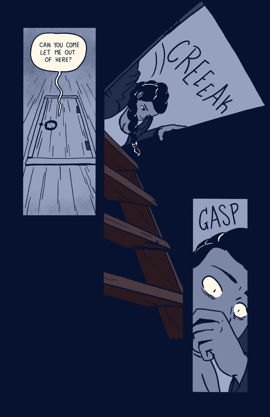 Wayne asks Shep to let her out from a door in the floor. Shep opens it to reveal a wooden staircase. She gasps.