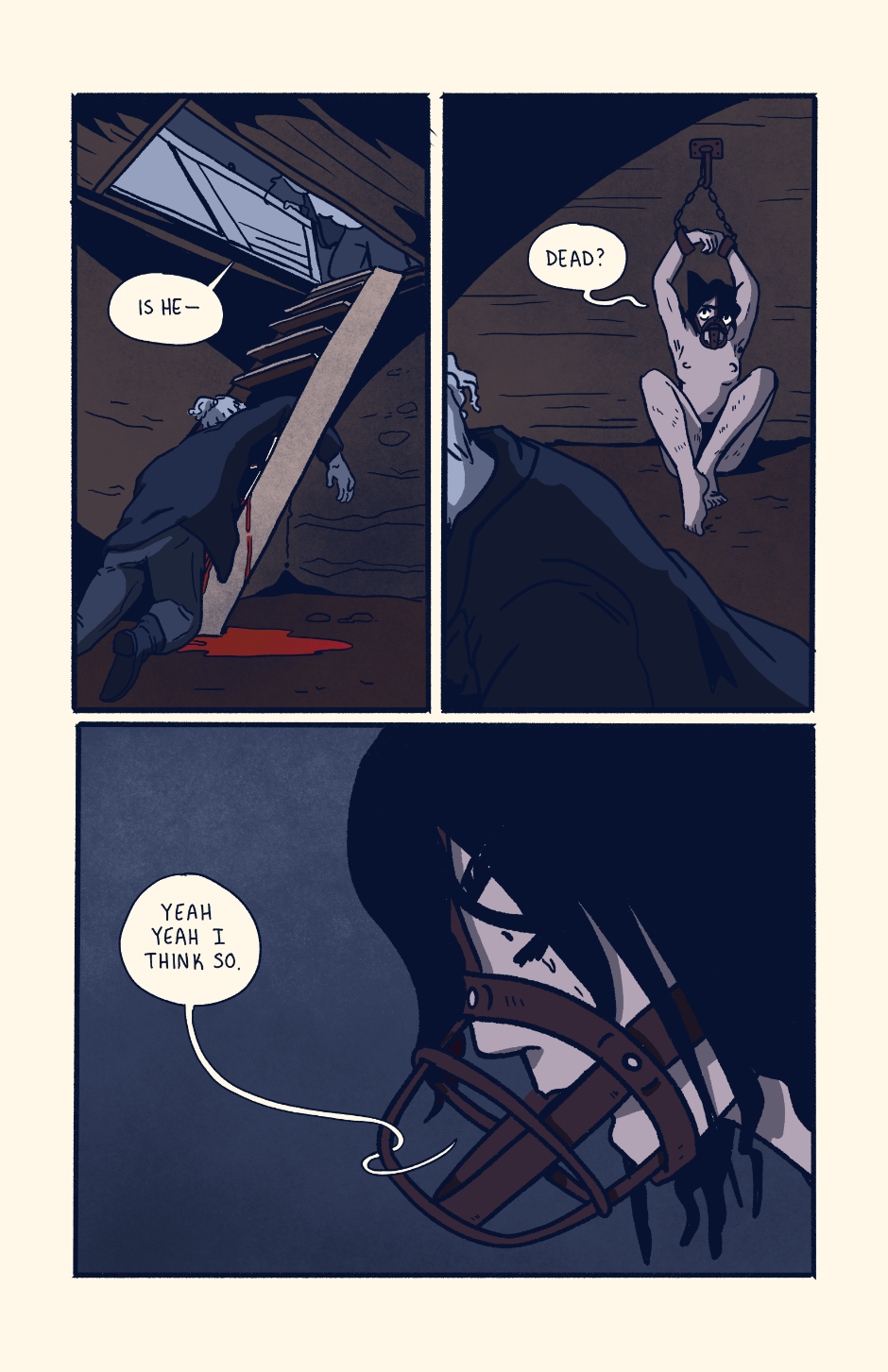 Shep finds the body of the hunter slumped on the stairs. Wayne is chained against the wall in the root cellar.