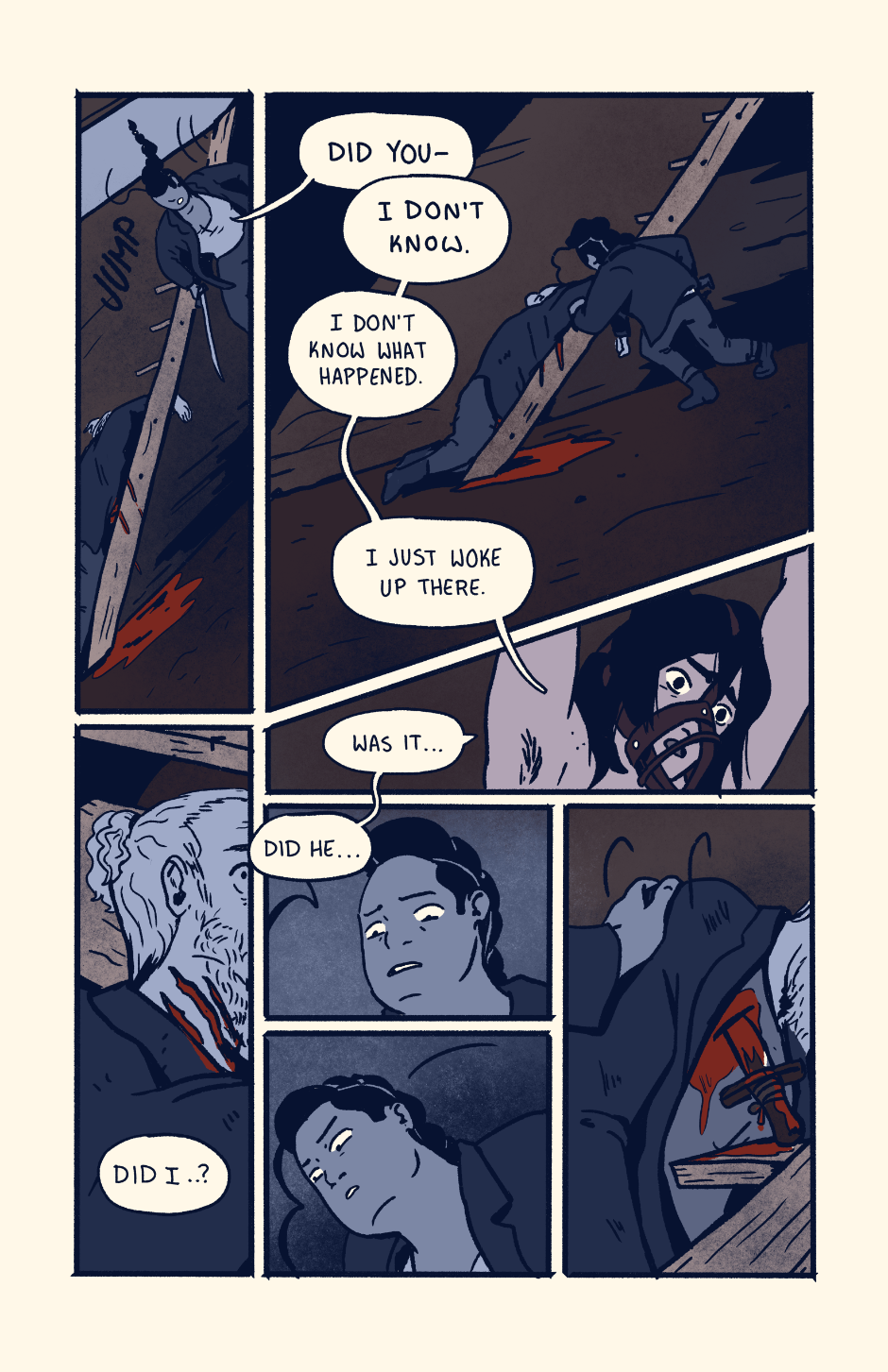 Shep jumps down into the cellar and inspects the body for the cause of death. He has slashes on his neck and a stab wound in his chest.