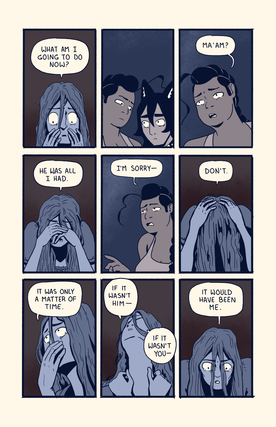 The mourning woman tries to explain her complex feelings about the dead trapper.
