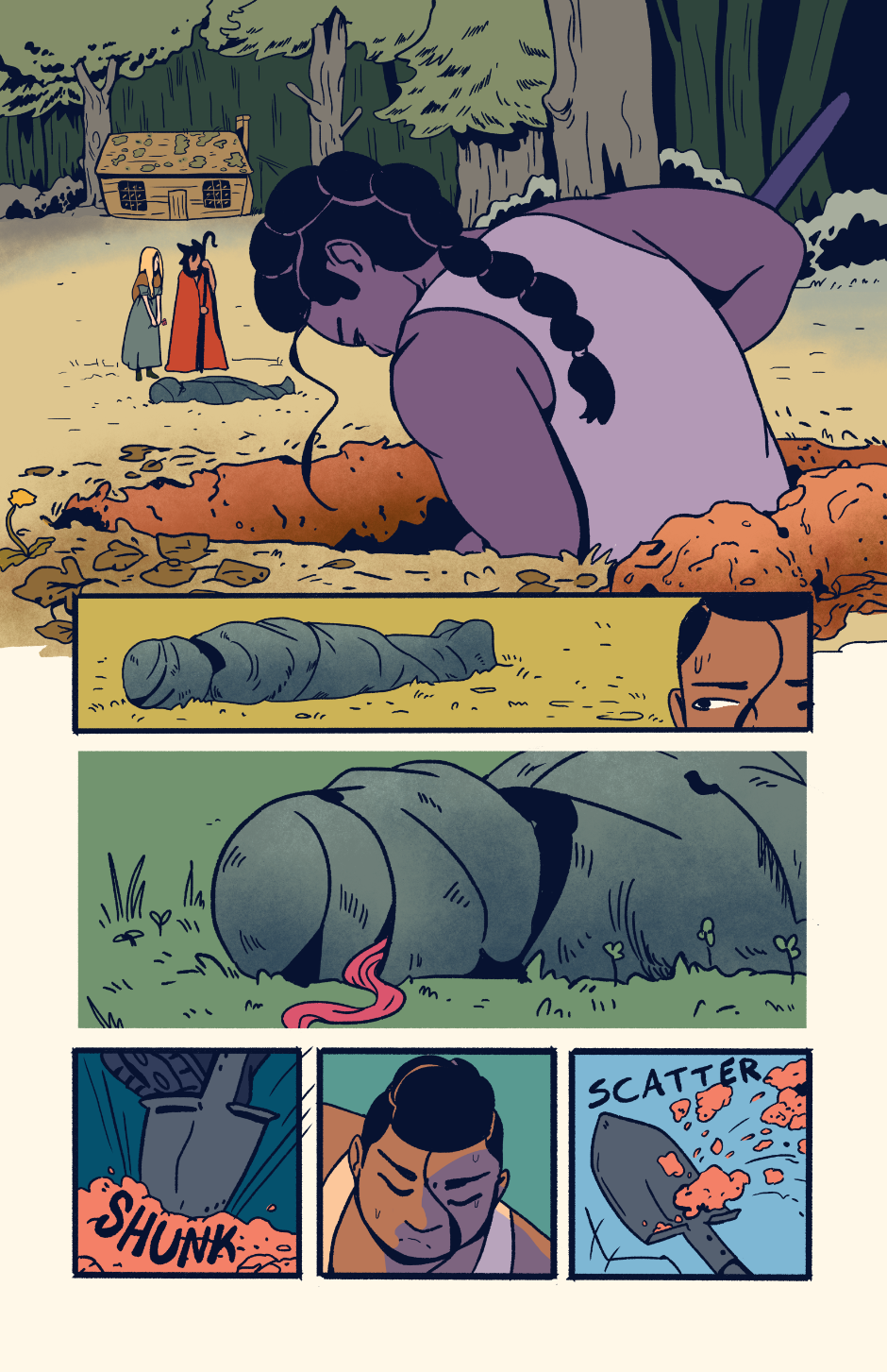 Shep digs a hole next to a wrapped corpse while the mourning woman stands, holding a flower and Wayne leans on Shep's staff. Shep hallucinates a lock of pink hair slipping out of the shroud.