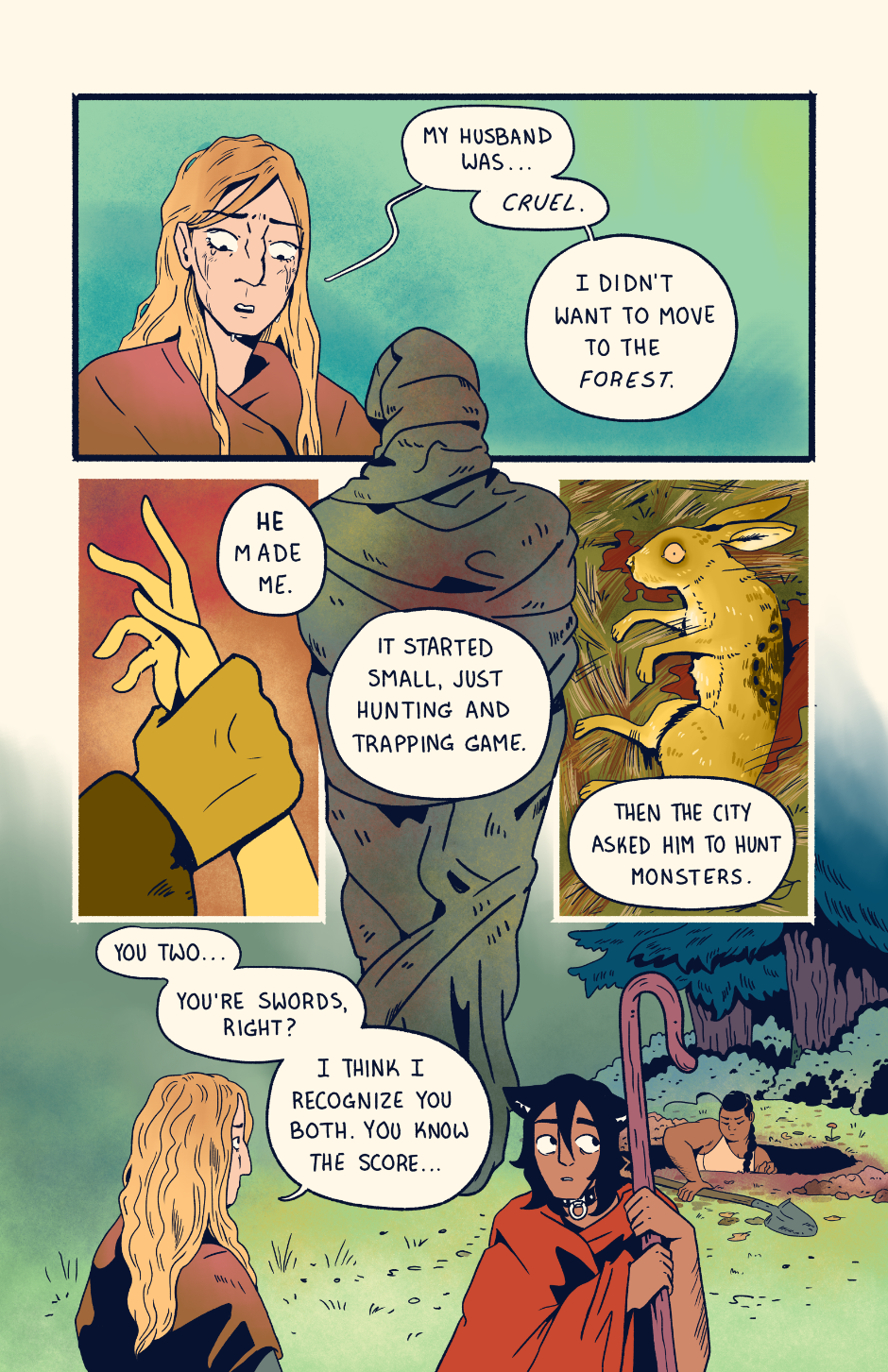 The widow tells Wayne about her abusive late-husband who hunted monsters in the forest.