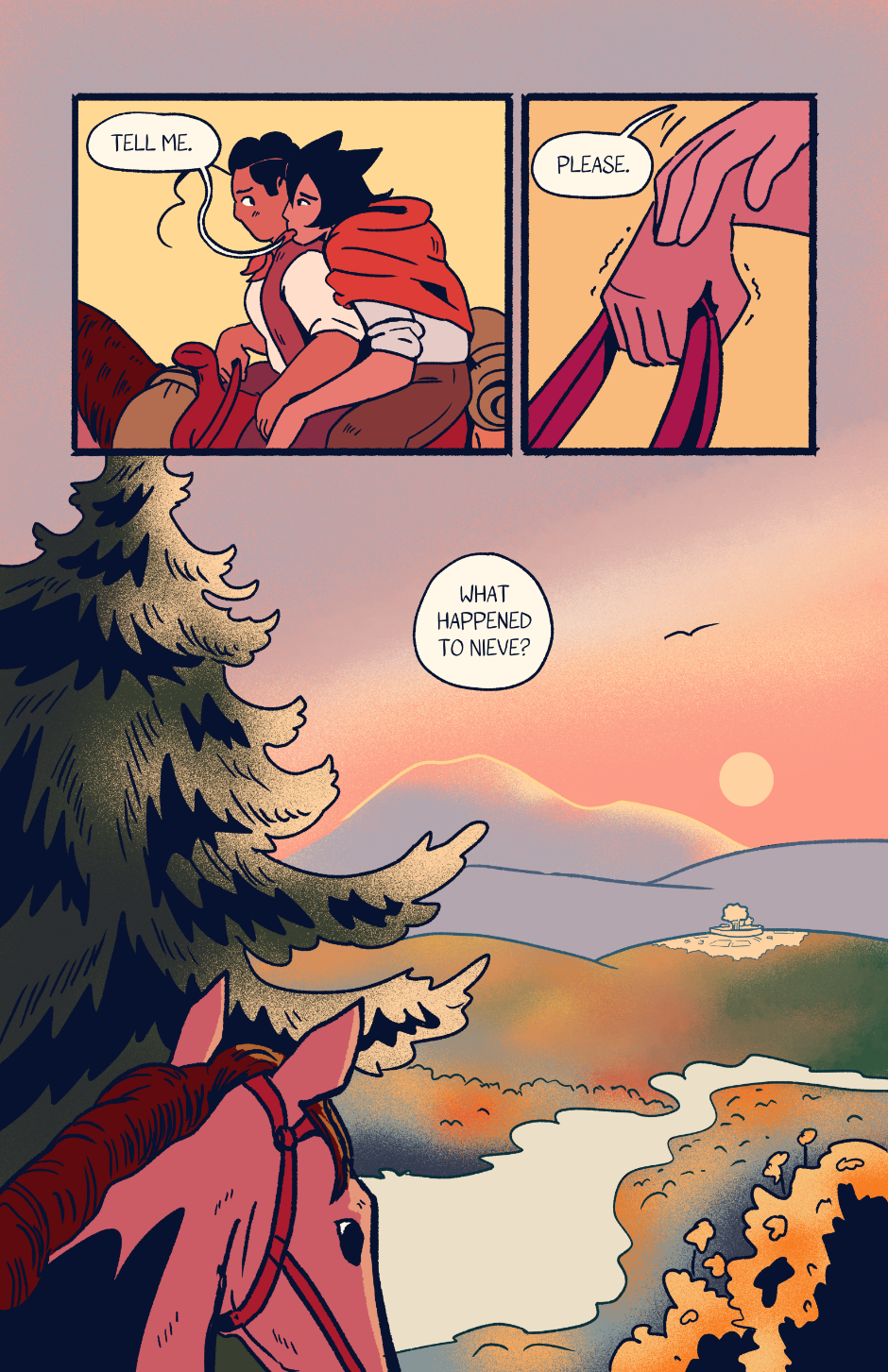 Wayne pleads gently with Shep and asks, "What happened to Nieve?" They crest the mountain and see the city in the distance.