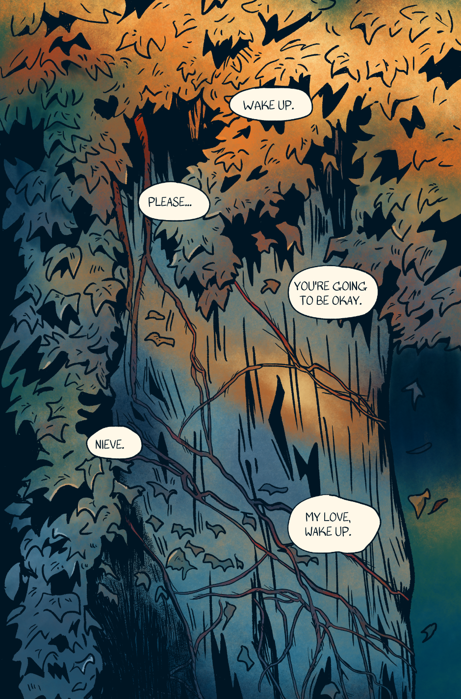 A tree covered in vines and leaves, text from Shep off panel saying, "please, you're going to be okay. Nieve. My love, wake up."