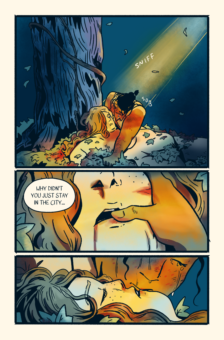 Shep cradles Nieve's corpse and kisses her lips amongst a pile of leaves.