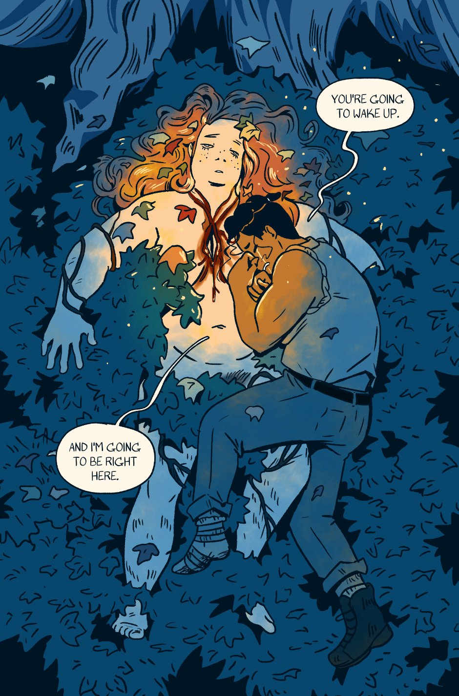 Shep curls up around Nieve's body, which has a gaping wound in the center of her chest. She tells Nieve she will be there when she wakes up.