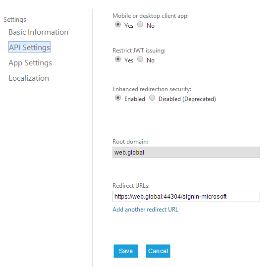 API Settings für eine Live-Anwendung