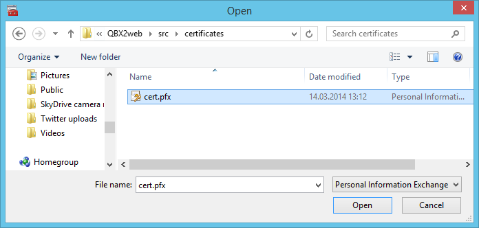 Datei Öffnen dialog für die cert.pfx