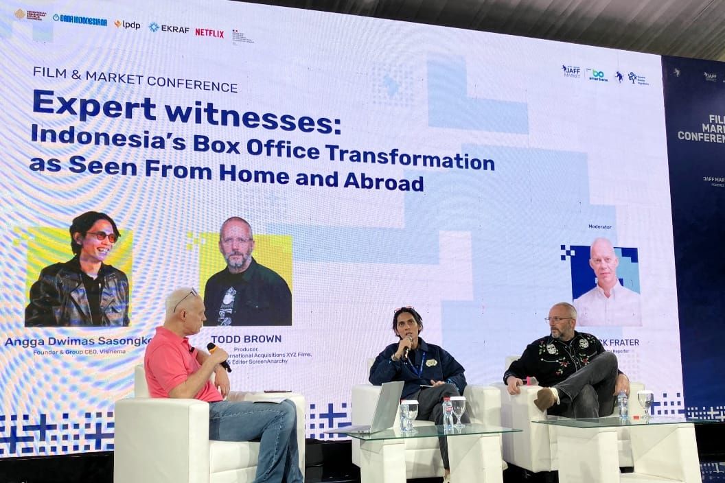 L-R: Moderator Patrick Frater, Visinema's Angga Dwimas Sasongko & producer Todd Brown