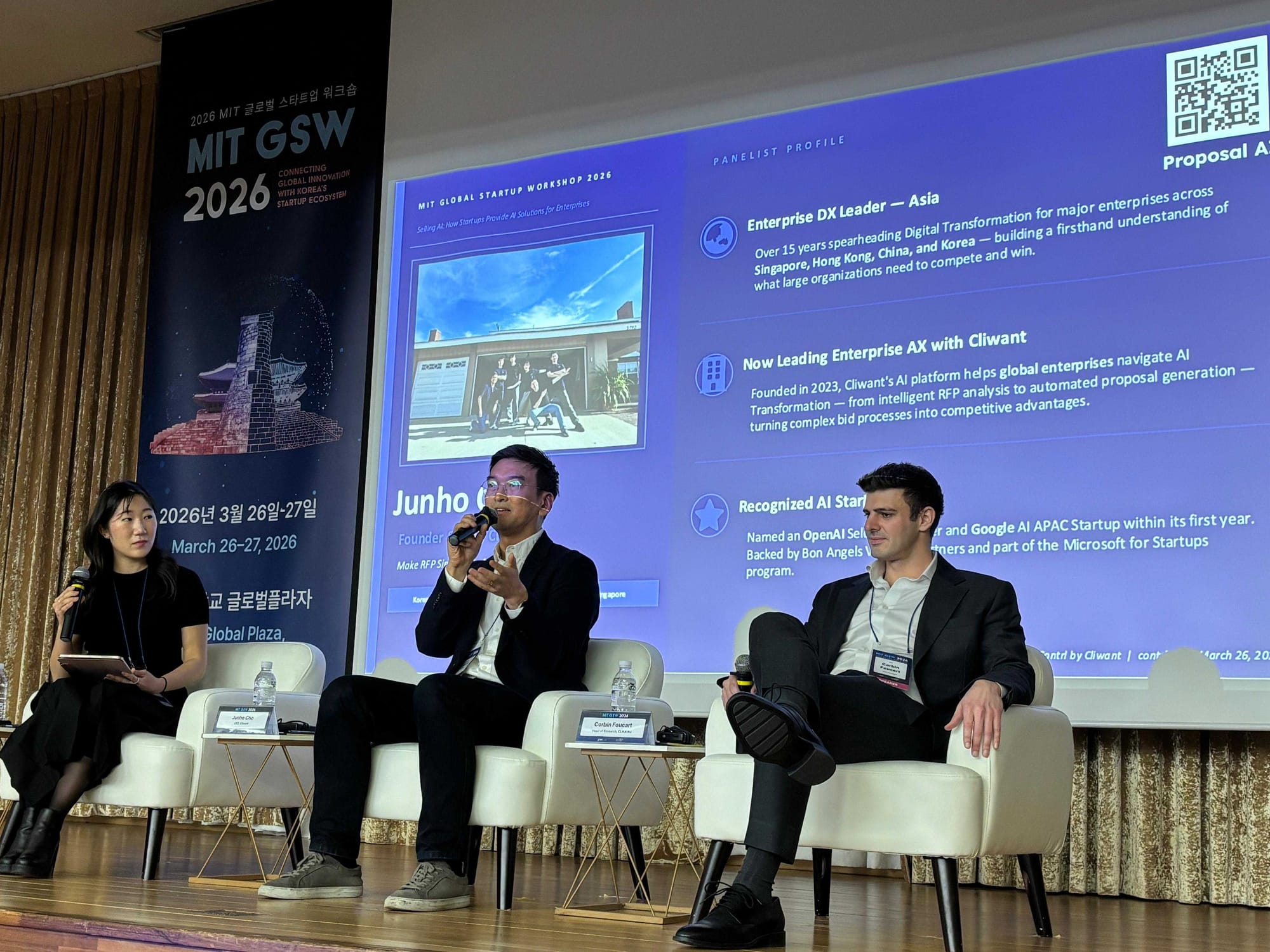 MIT GSW 2026 Selling AI 패널 - 클라이원트 조준호 대표 발표 장면