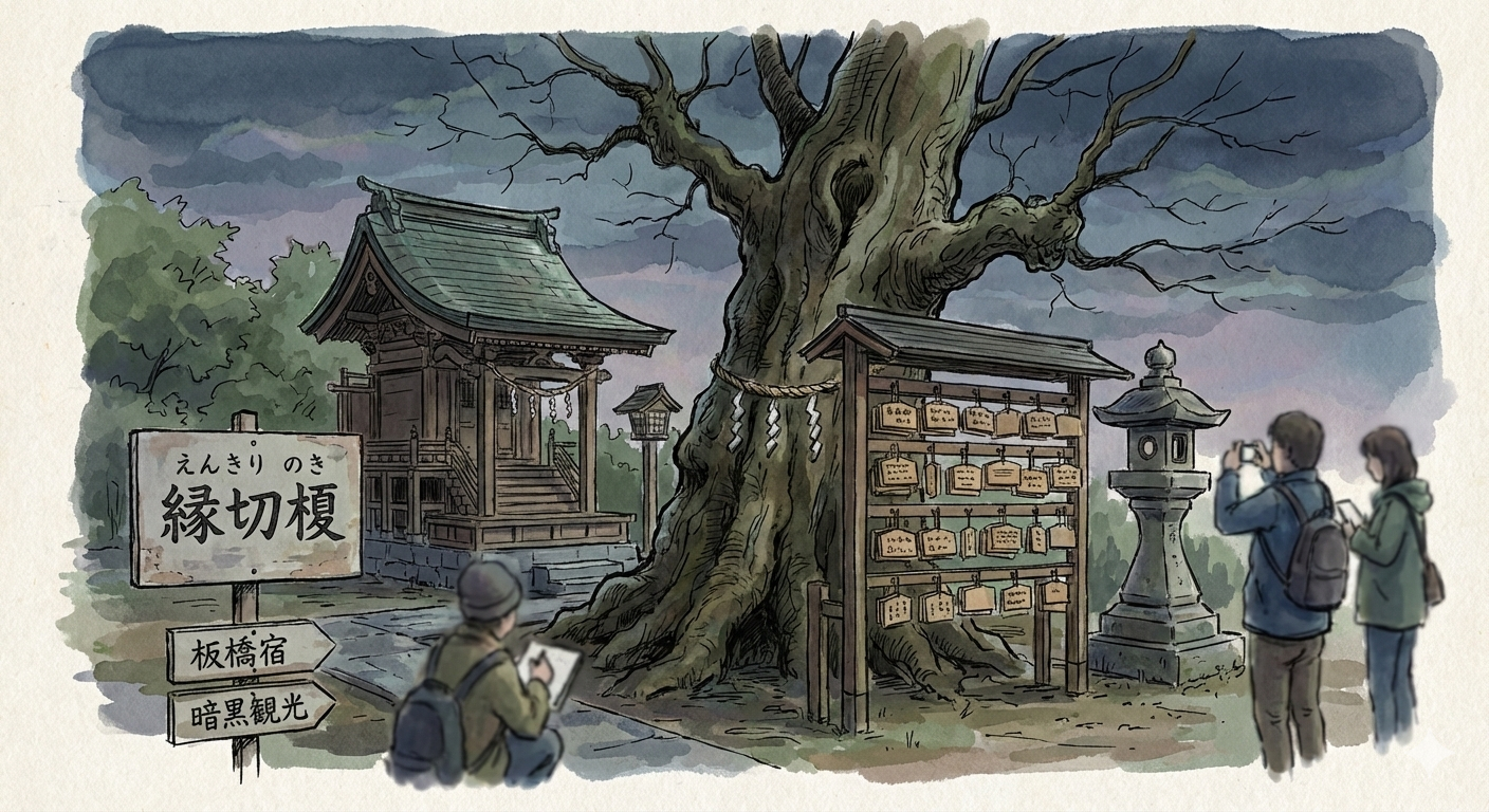 L'arbre Enkiri Enoki lui-même et les tablettes de vœux (ema) du sanctuaire voisin