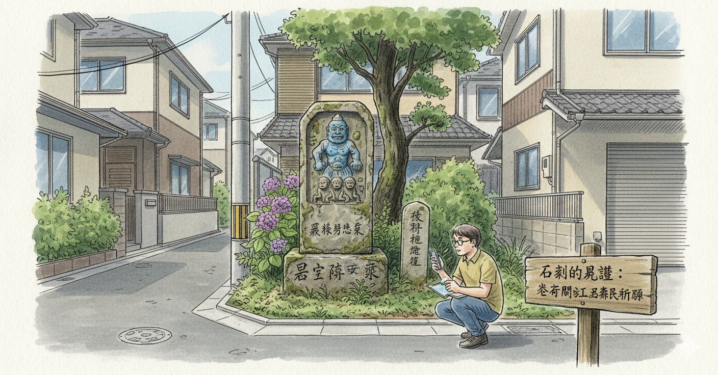 weathered Kōshin towers and Bato Kannon statues
