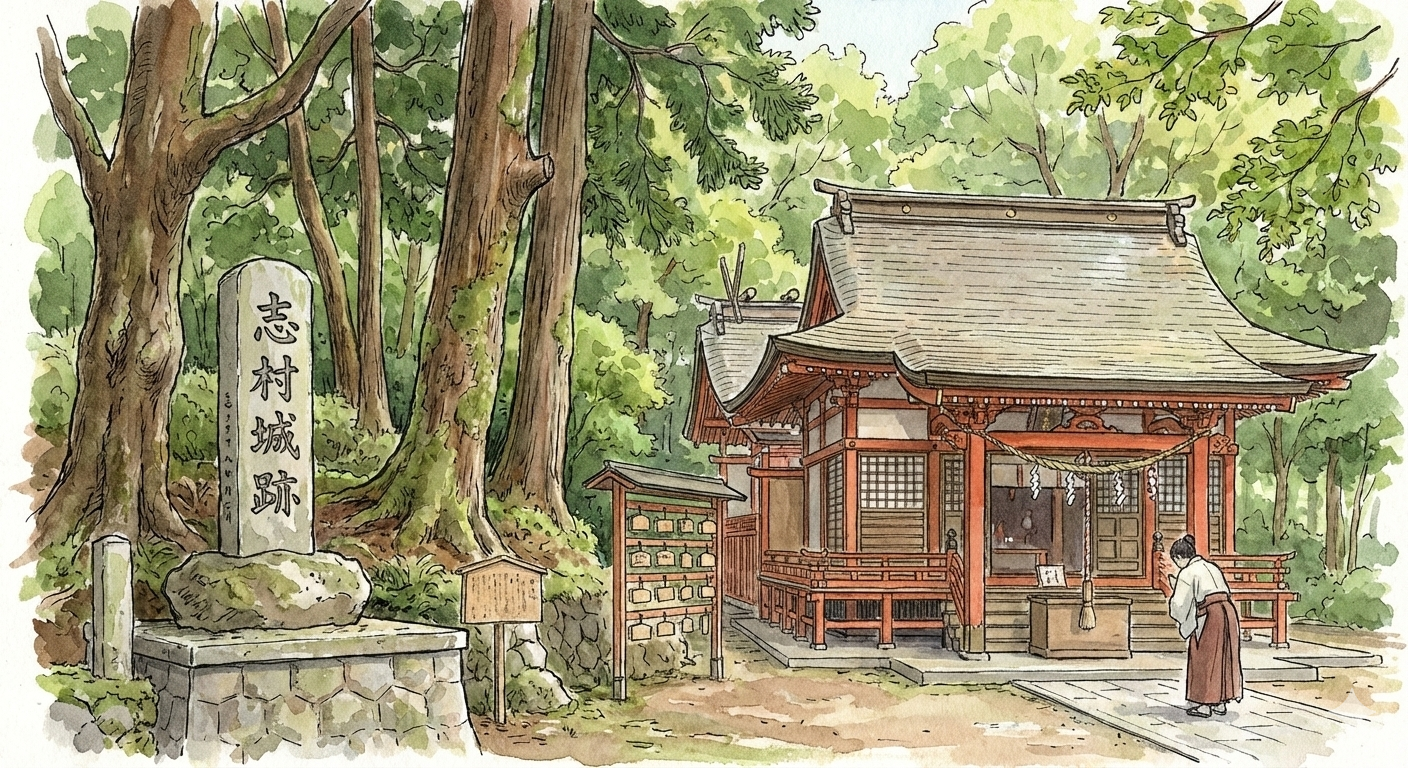 城山熊野神社 (Shiroyama Kumano Shrine) 與其境內的志村城跡石碑