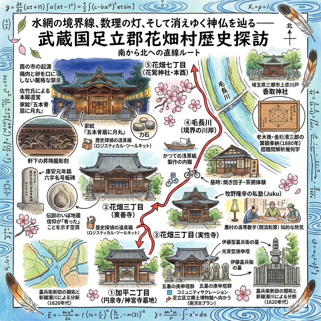 旅の物語タイトル：「水網の境界線、数理の灯、そして消えゆく神仏を辿る――武蔵国足立郡花畑村歴史探訪」