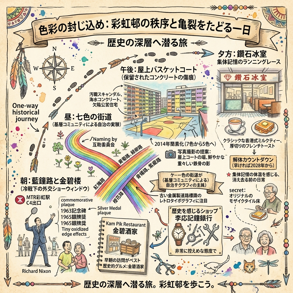 色彩の封じ込め：彩虹邨の秩序と亀裂をたどる一日
