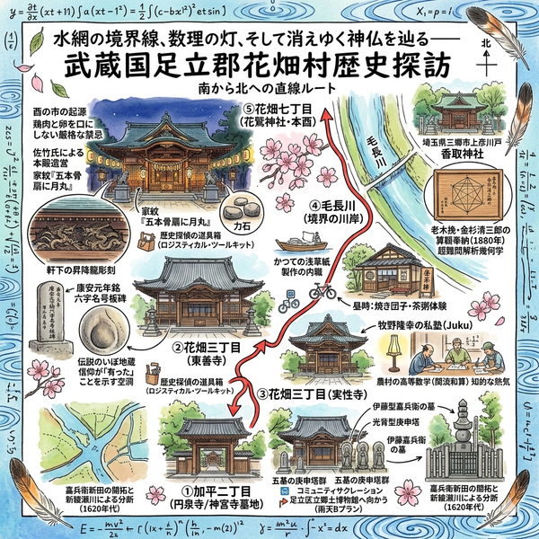 旅の物語タイトル：「水網の境界線、数理の灯、そして消えゆく神仏を辿る――武蔵国足立郡花畑村歴史探訪」