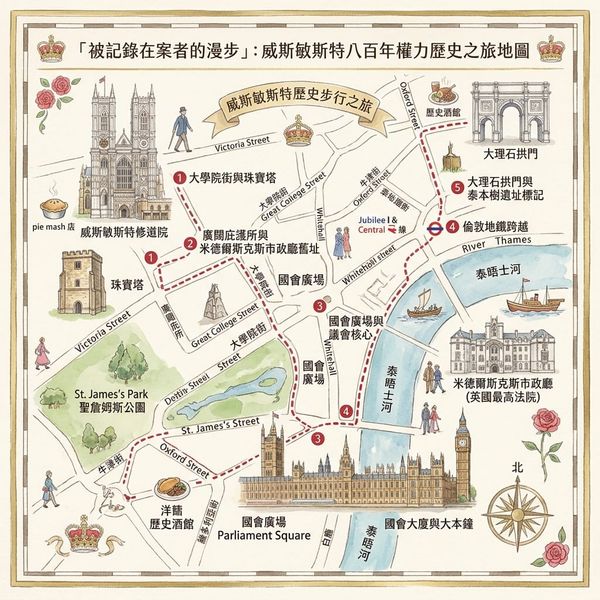 西敏（Westminster）的五道門檻：一條失蹤的河、一處庇護所、一座絞架、一堆燒掉的刻木，與一個掃具櫃