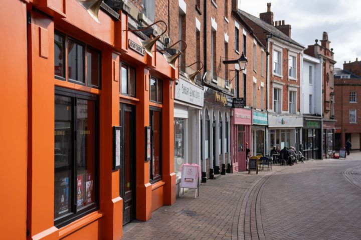 A view down the shop fronts on Parsons Street in Banbury, Oxfordshire