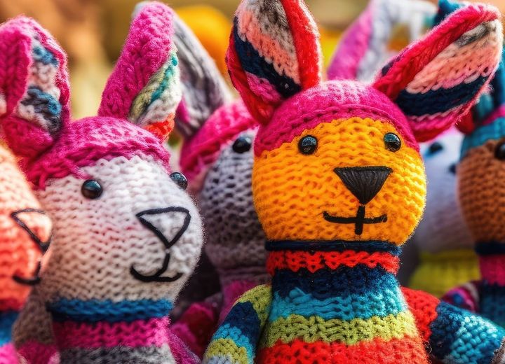 A group of colourful crocheted animals