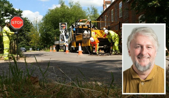 A headshot of a man overlaid on a picture of roadworks being carried out