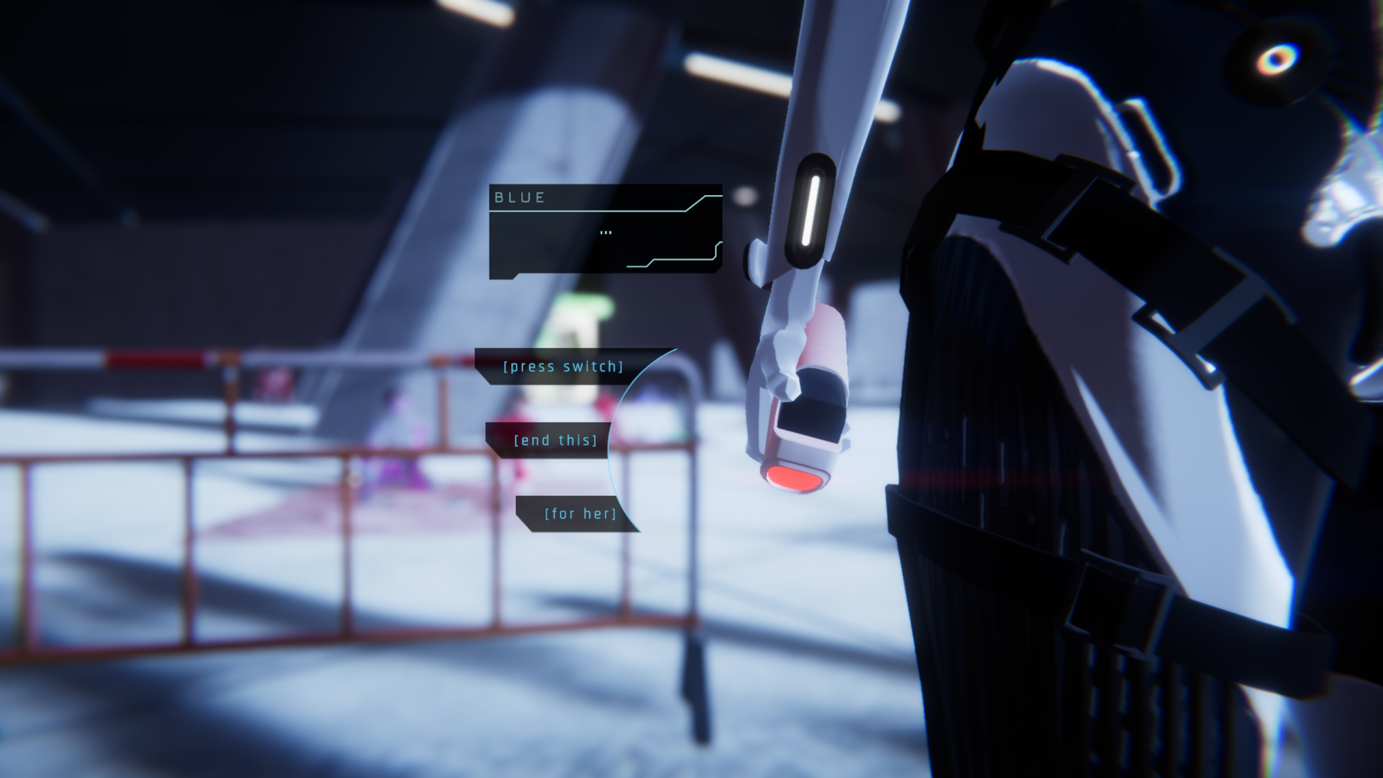 Blue ready to pull the trigger, with options displaying from top to bottom: "[press switch]," "[end this]," [for her]"