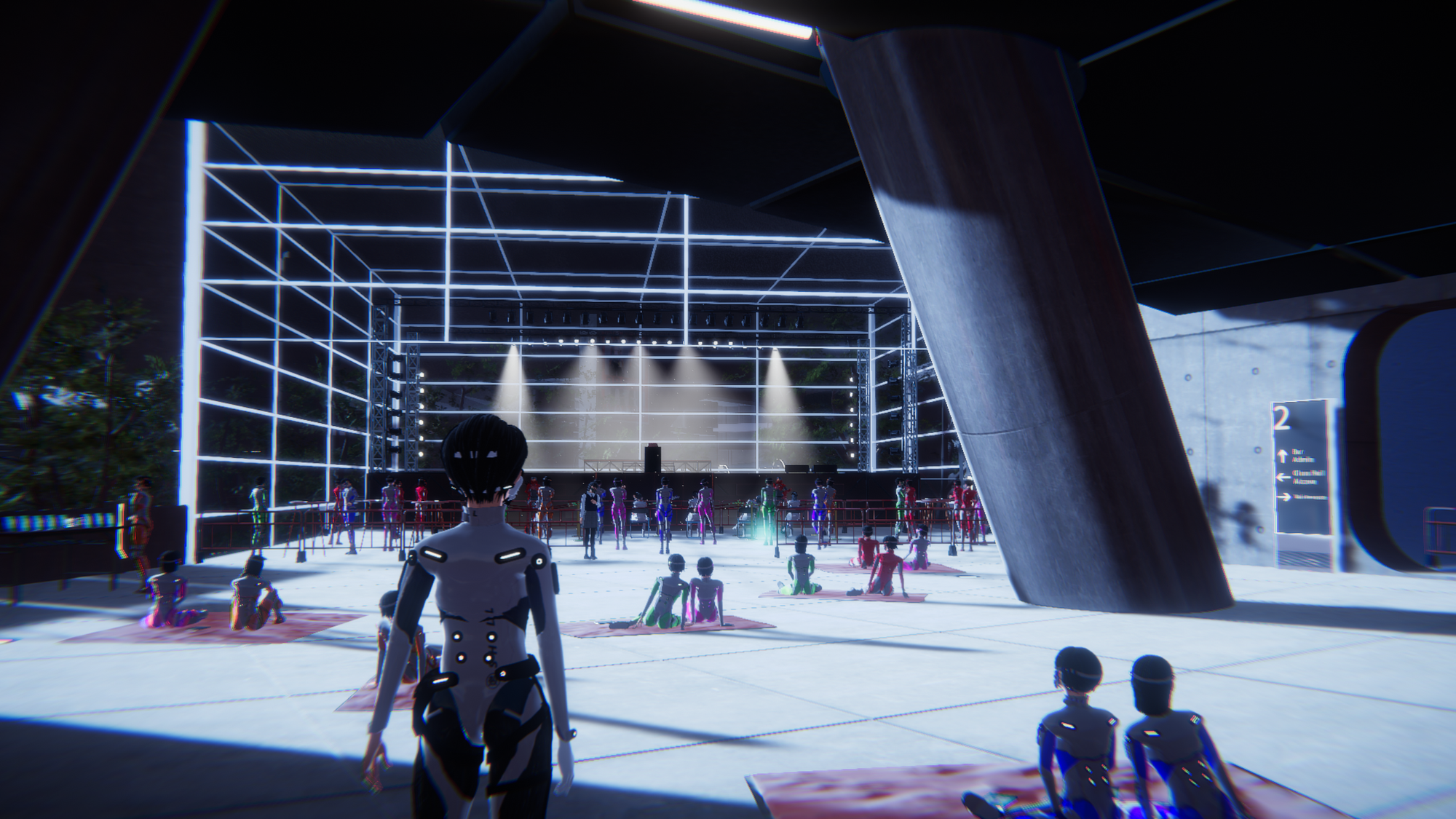 Blue standing before the play's stage, surrounded by other Iris clones standing around and sitting on picnic blankets