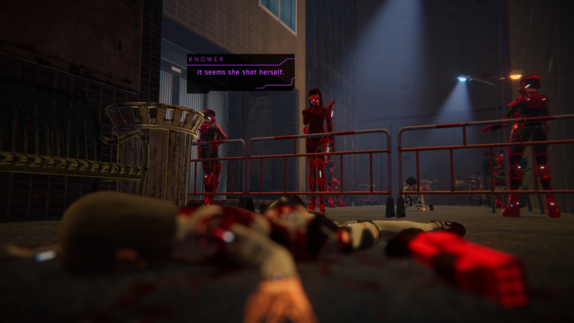 Knower saying Bartender shot herself, while Bartender's body is in the forefront