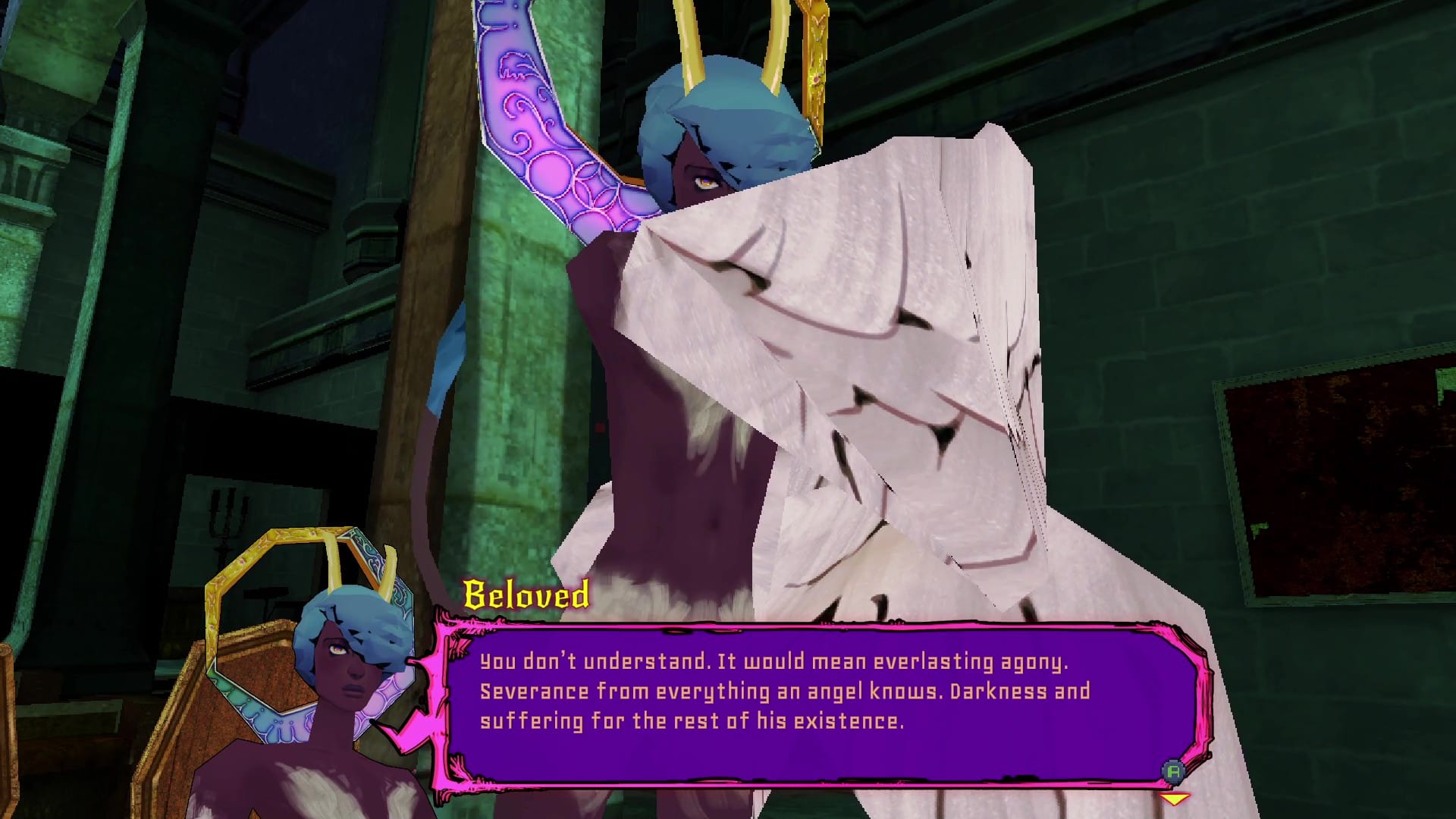 A black angel with the appearance of a centaur with wings is saying "You don't understand. It would mean everlasting agony. Severance from everything as angel knows. Darkness and sufferingg for the rest of his existence."