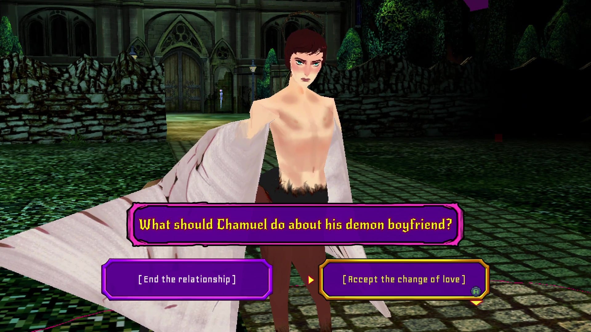 A white angel with the appearance of a centaur with wings has three text boxs in front of him. The first and largest ask the question 'What should Chamuel do about his demon boyfriend?". There are two smaller ones acting as options. The option to the left says "End the relationship". The option to the right says "Accept the change of love".