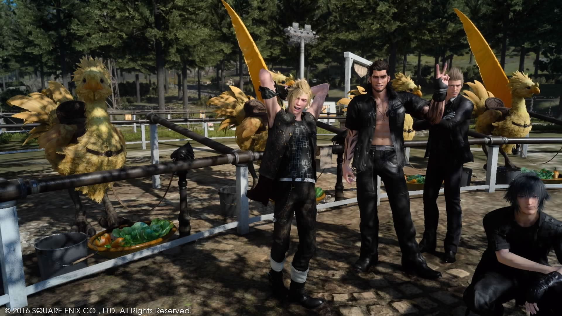 Noctis, Prompto, Gladio and Ignis pose with some chocobos.