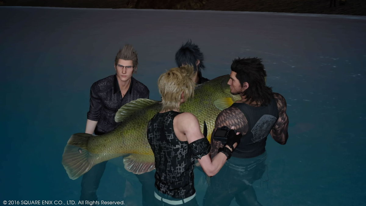 The team carries a massive fish out of the water.