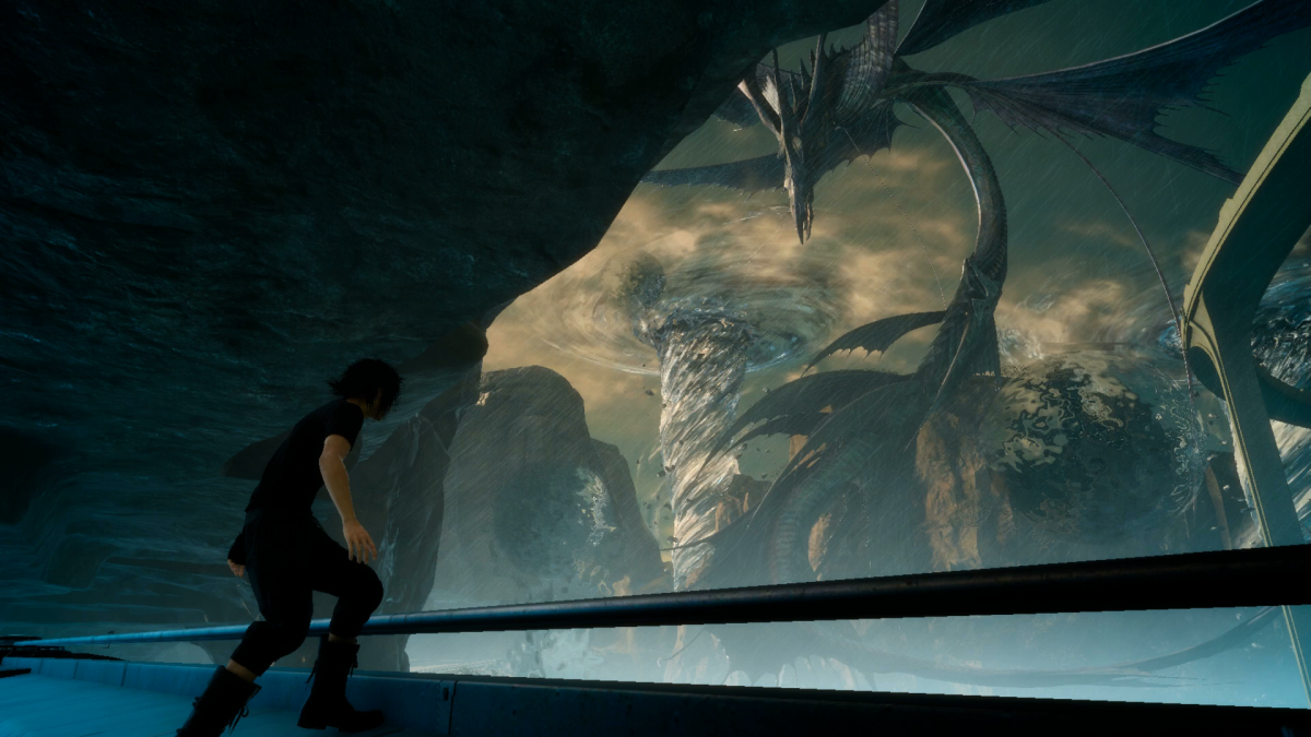 Prince Noctis hides from a giant sea serpent.