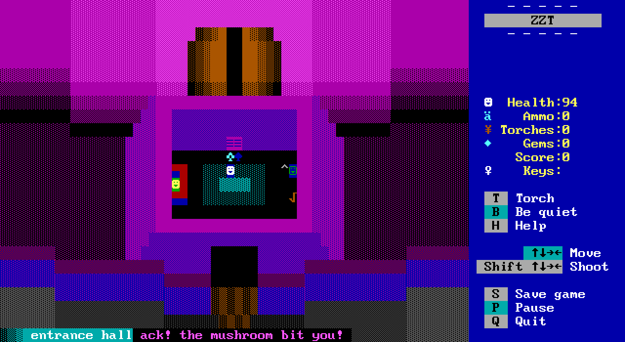 A scene from p0p. The player avatar stands in a purple room marked as “entrance hall.” An NPC stands at a desk in the corner, while a large brown door looms overhead. When the player touches a purple mushroom in the shape of a club sign, a message at the bottom reads, “ack! the mushroom bit you!”