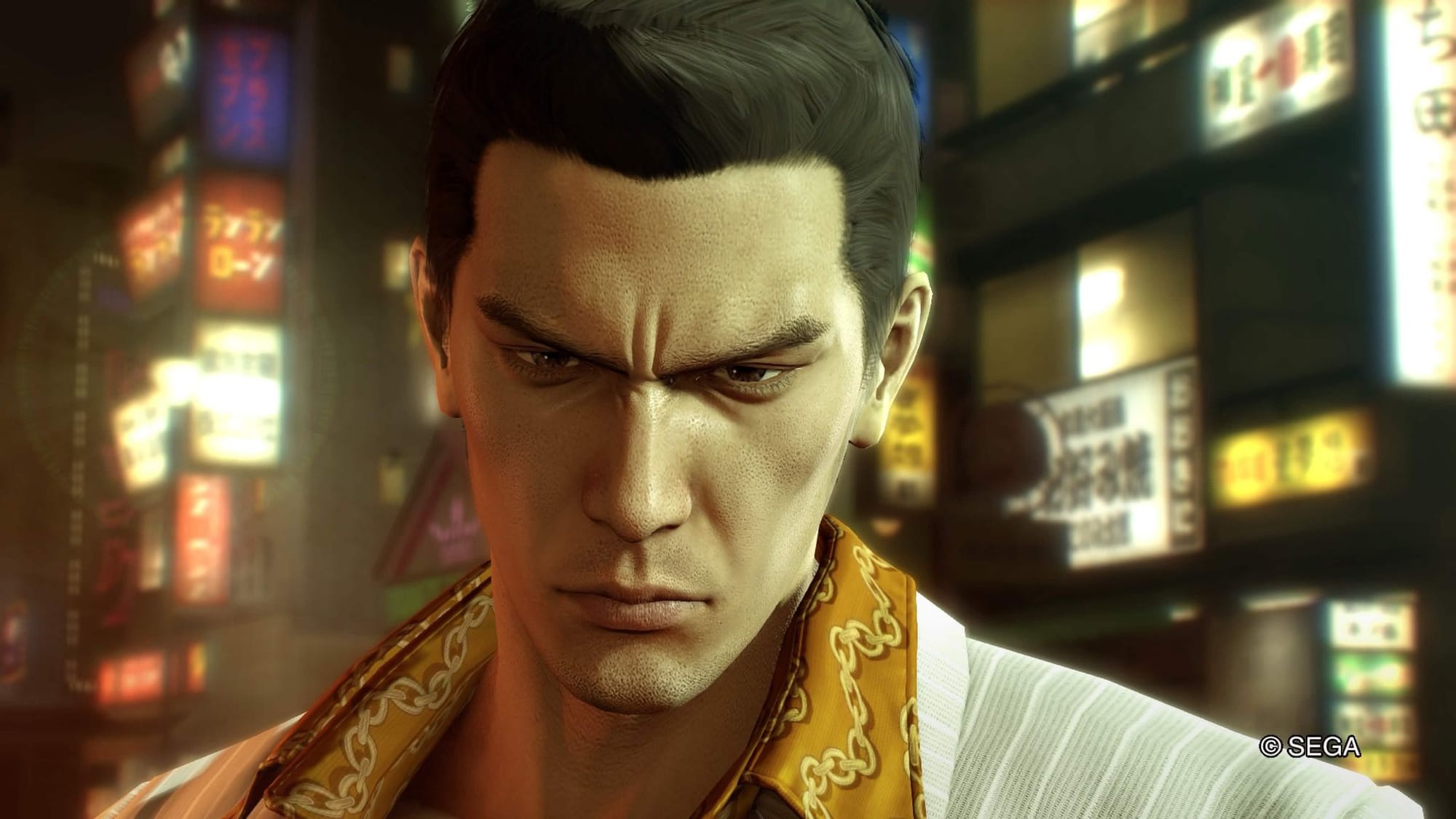 "A Yakuza 0 screenshot of Kazuma Kiryu looking stern."