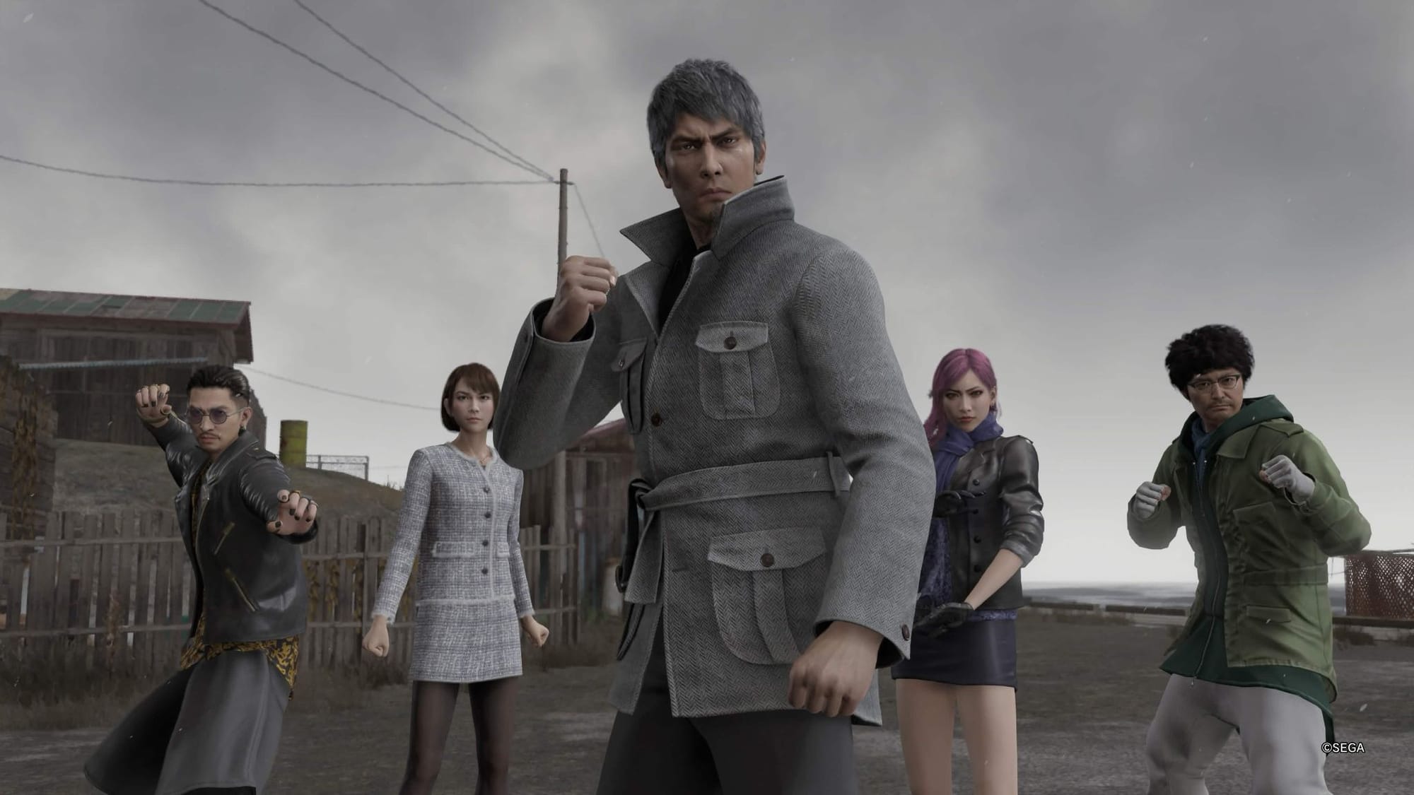 "A Like a Dragon: Infinite Wealth screenshot of Kazuma Kiryu standing with his four allies right behind him, all ready to fight.