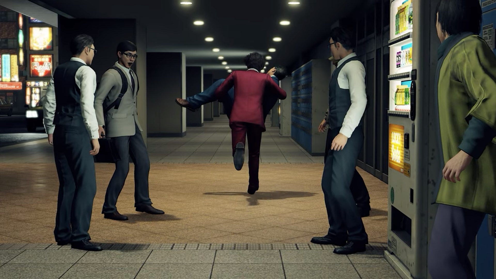 "A Yakuza: Like a Dragon screenshot of Ichiban Kasuga running, holding Masato Arakawa in his arms."