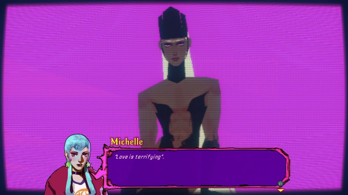 A tall, black, human-shaped demon stares forward, backdropped by purple. In the foreground a text box from Michelle says "Love is terrifying."