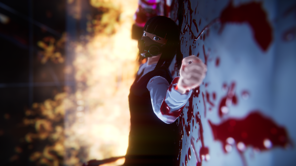 Cherry-Jiao, lying bloody and dead post-explosion as a fire rages on behind her corpse