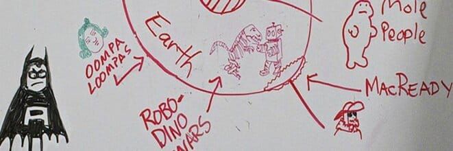 Whiteboard. Earth with location of Oompa Loompas, Mole Men, and Robo-Dino wars. Tableau blanc. La Terre avec les lieux des Oompa Loompas, Hommes-Taupes, des guerre des Robo-Dinos.