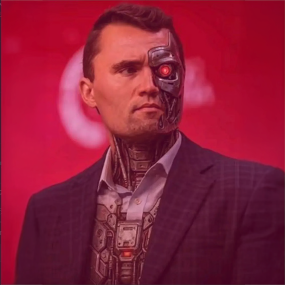 The relevant Kirkified meme attached to the $KIRKINATOR coin, which shows Charlie Kirk in a suit, with Terminator-robot style metal pieces.