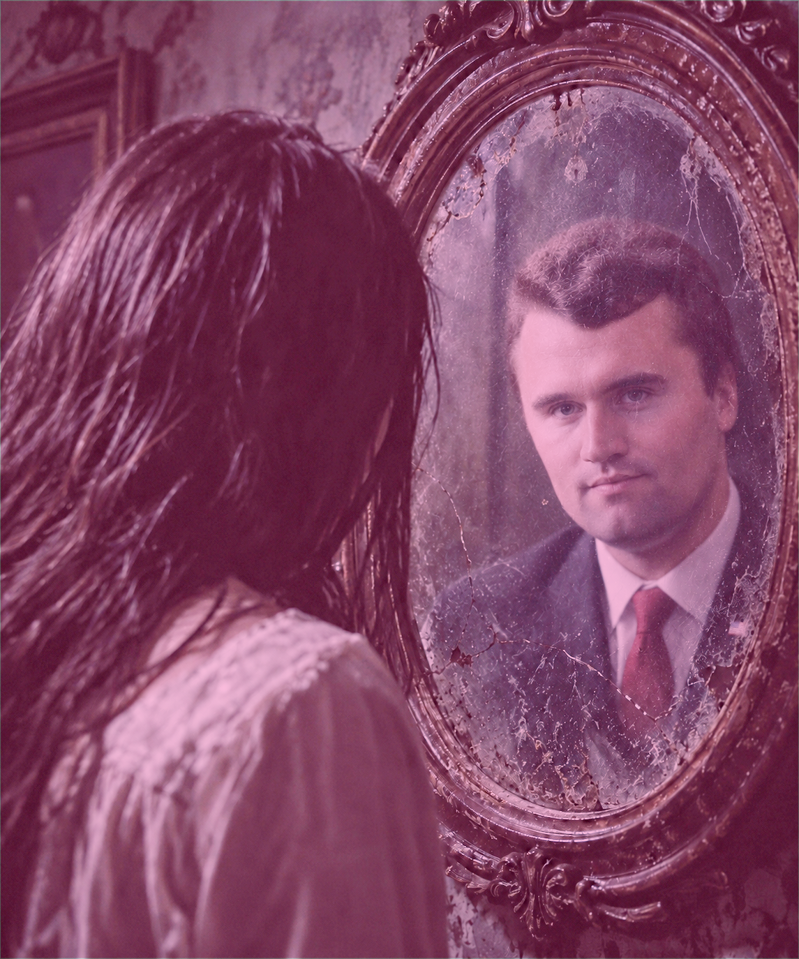 Woman stares into a gilded, antique oval mirror while standing in what looks like a haunted house. Charlie Kirk stares back at her from her reflection.